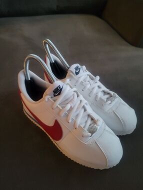 Nike Kids' Classic Cortez Sneakers - White with Red Swoosh